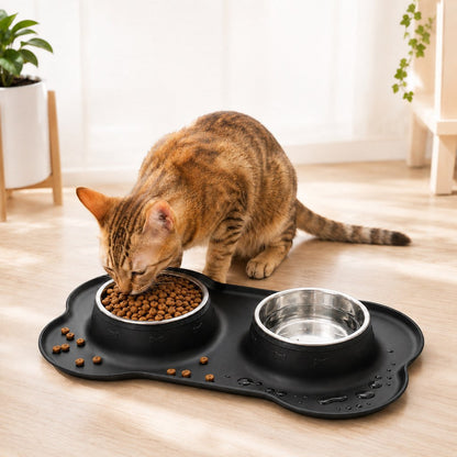 Double écuelle pour animaux en silicone antidérapante et anti-débordement (bols en inox amovibles)