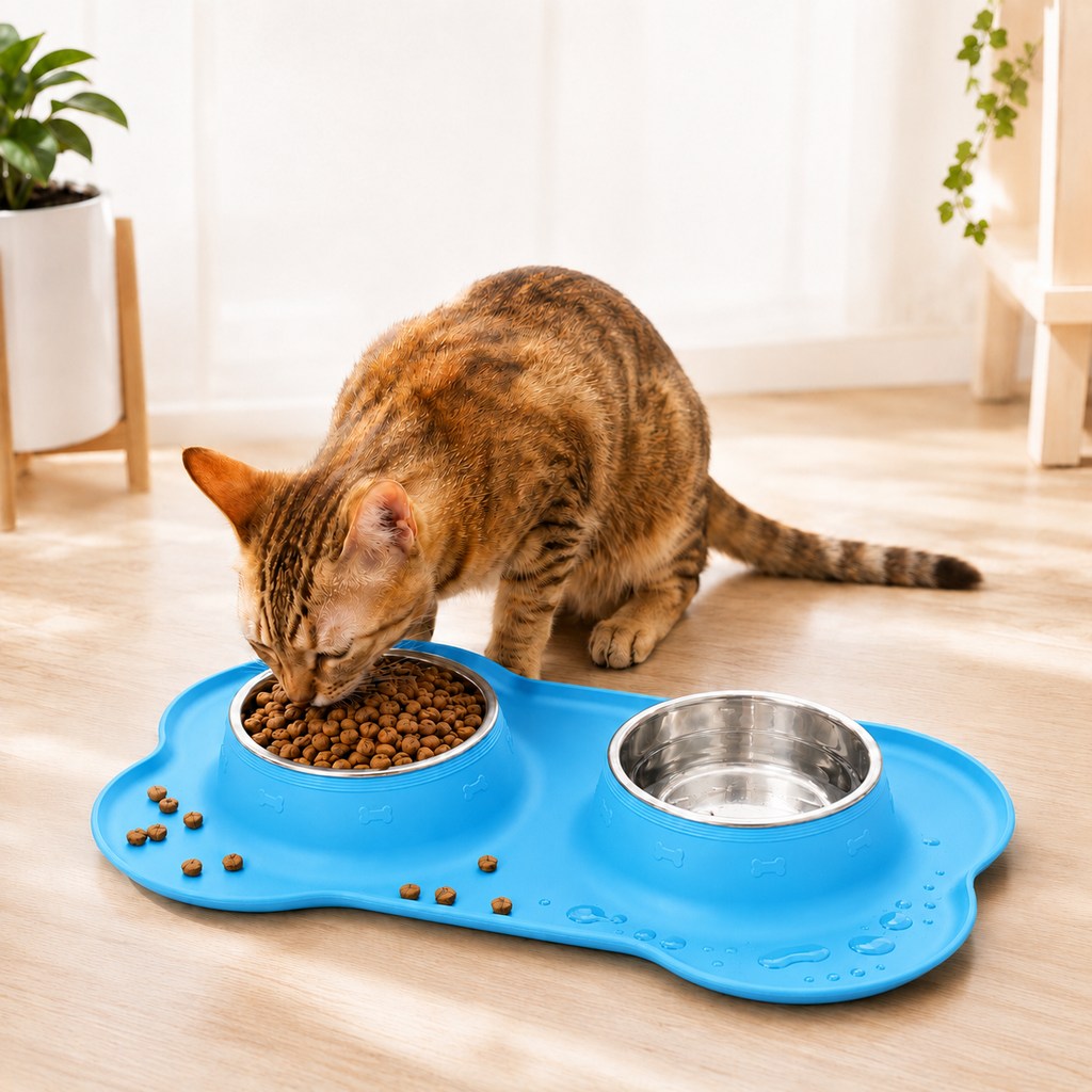 Double écuelle pour animaux en silicone antidérapante et anti-débordement (bols en inox amovibles)