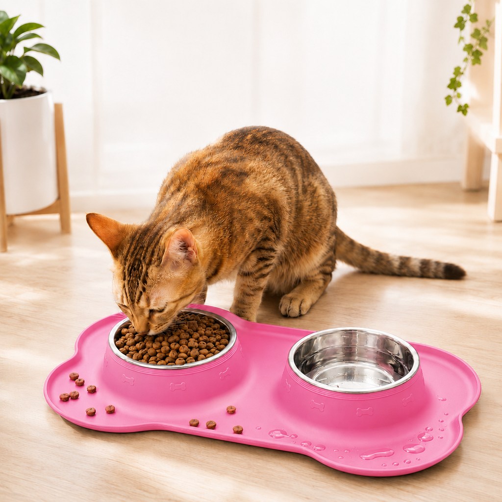 Double écuelle pour animaux en silicone antidérapante et anti-débordement (bols en inox amovibles)