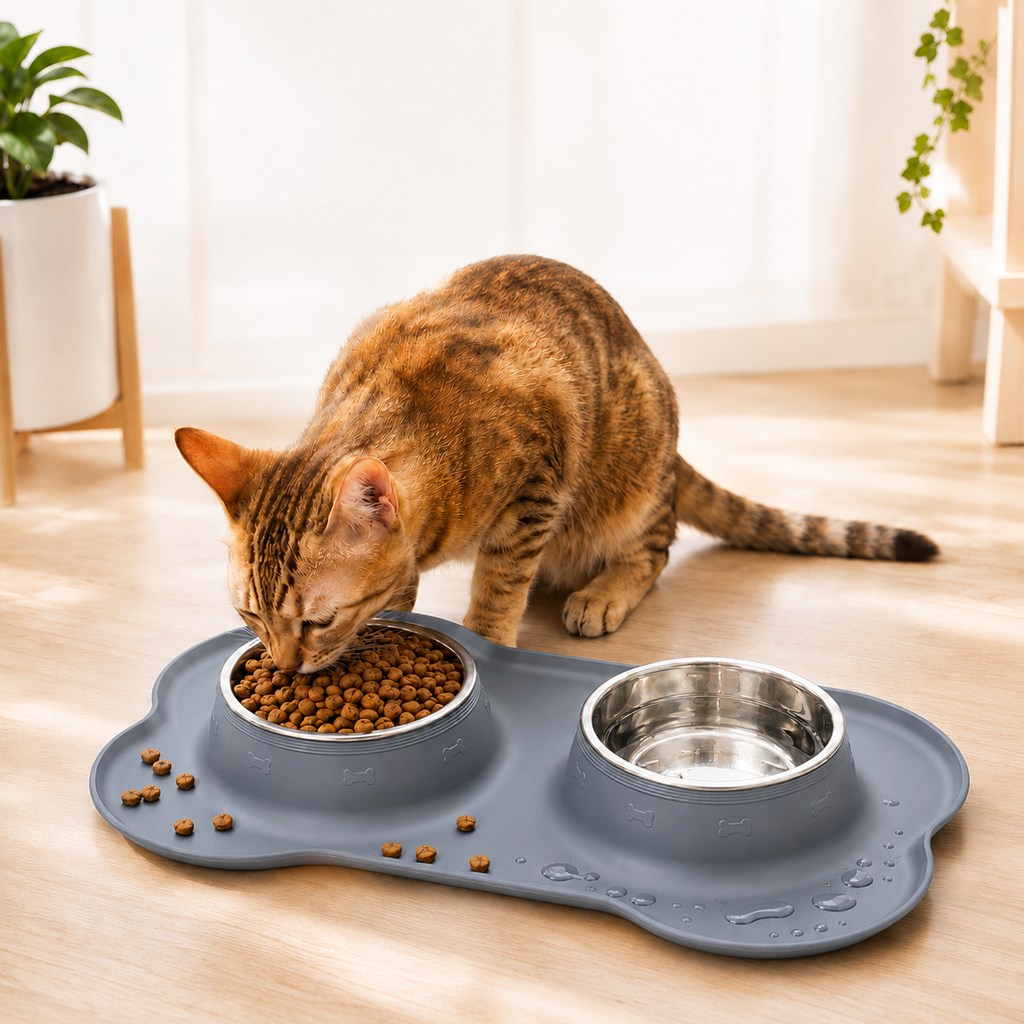 Double écuelle pour animaux en silicone antidérapante et anti-débordement (bols en inox amovibles)
