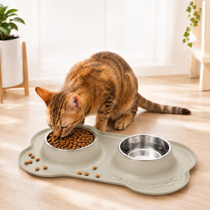 Double écuelle pour animaux en silicone antidérapante et anti-débordement (bols en inox amovibles)
