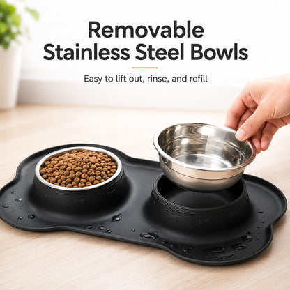 Double écuelle pour animaux en silicone antidérapante et anti-débordement (bols en inox amovibles)