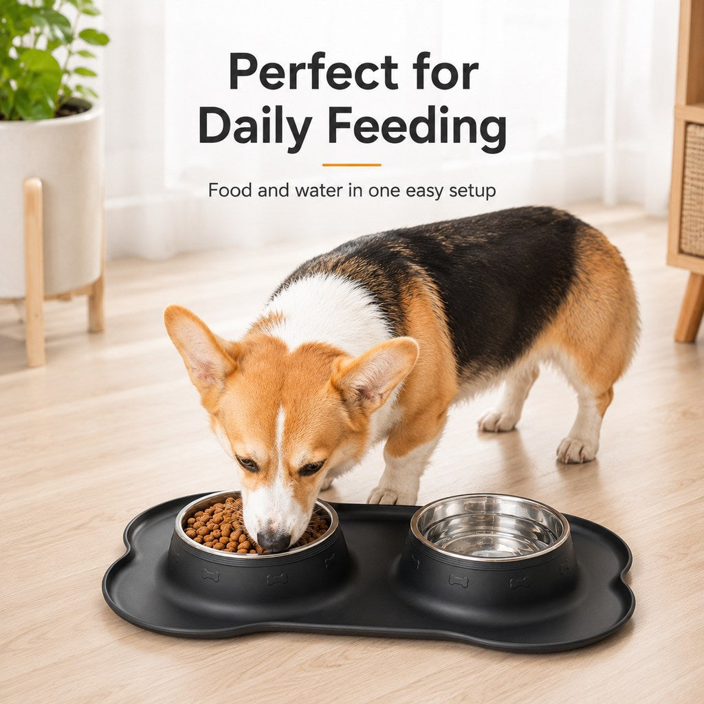 Double écuelle pour animaux en silicone antidérapante et anti-débordement (bols en inox amovibles)