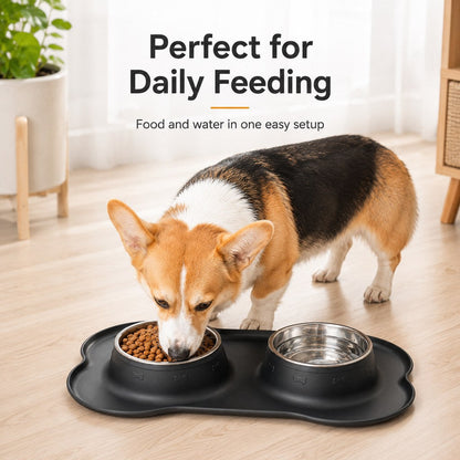 Double écuelle pour animaux en silicone antidérapante et anti-débordement (bols en inox amovibles)
