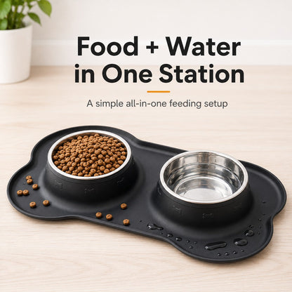 Double écuelle pour animaux en silicone antidérapante et anti-débordement (bols en inox amovibles)
