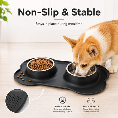 Double écuelle pour animaux en silicone antidérapante et anti-débordement (bols en inox amovibles)
