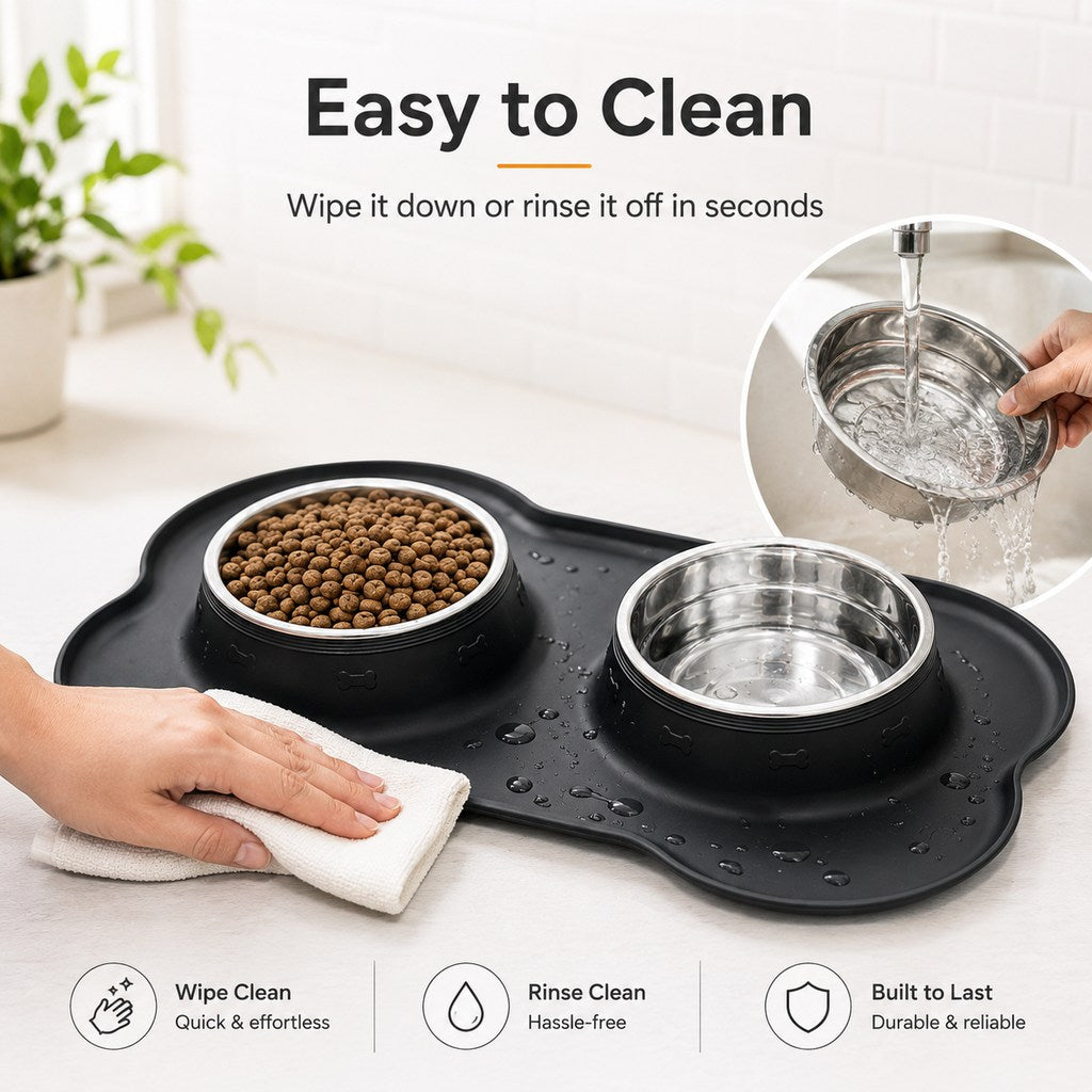 Double écuelle pour animaux en silicone antidérapante et anti-débordement (bols en inox amovibles)