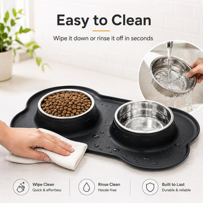Double écuelle pour animaux en silicone antidérapante et anti-débordement (bols en inox amovibles)