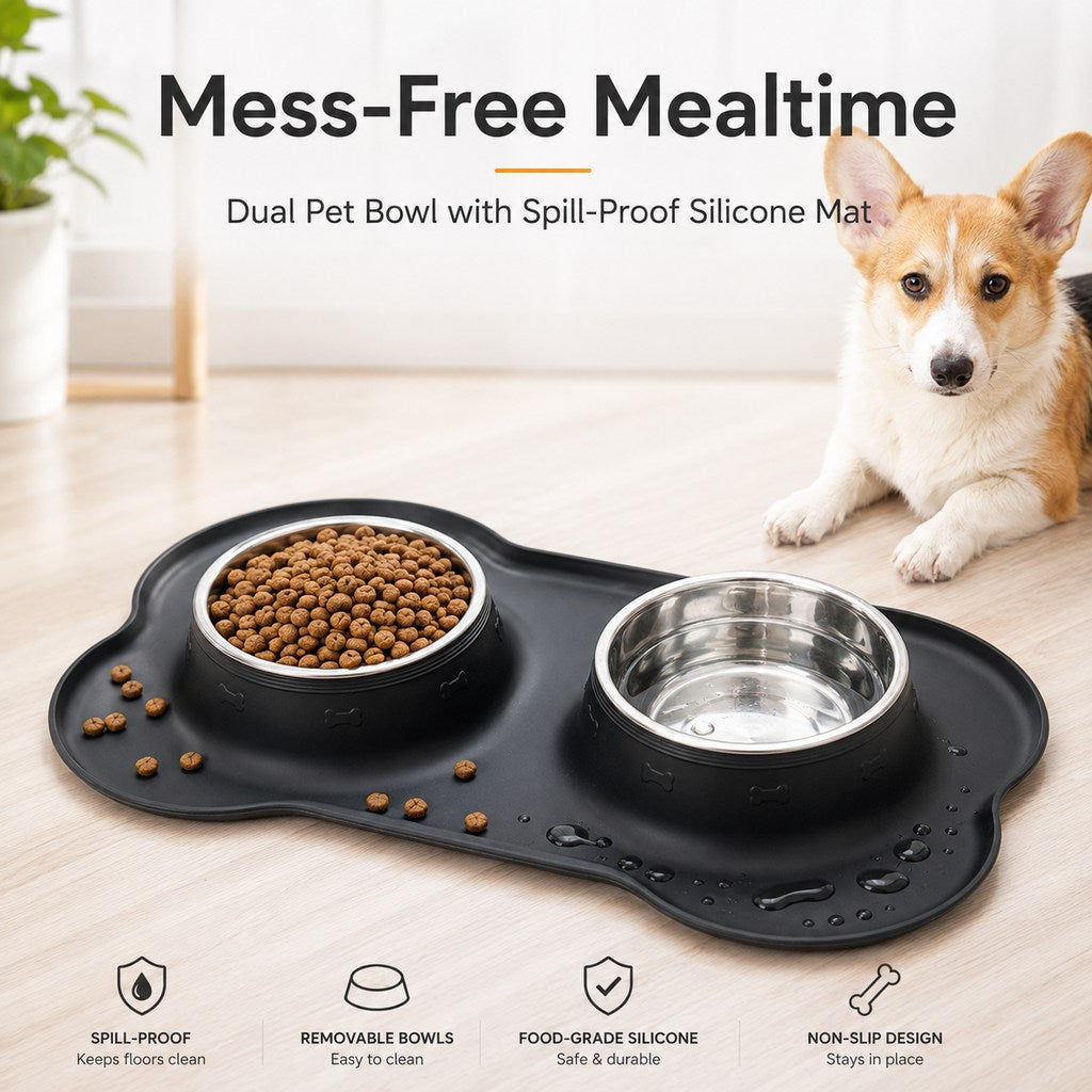 Double écuelle pour animaux en silicone antidérapante et anti-débordement (bols en inox amovibles)