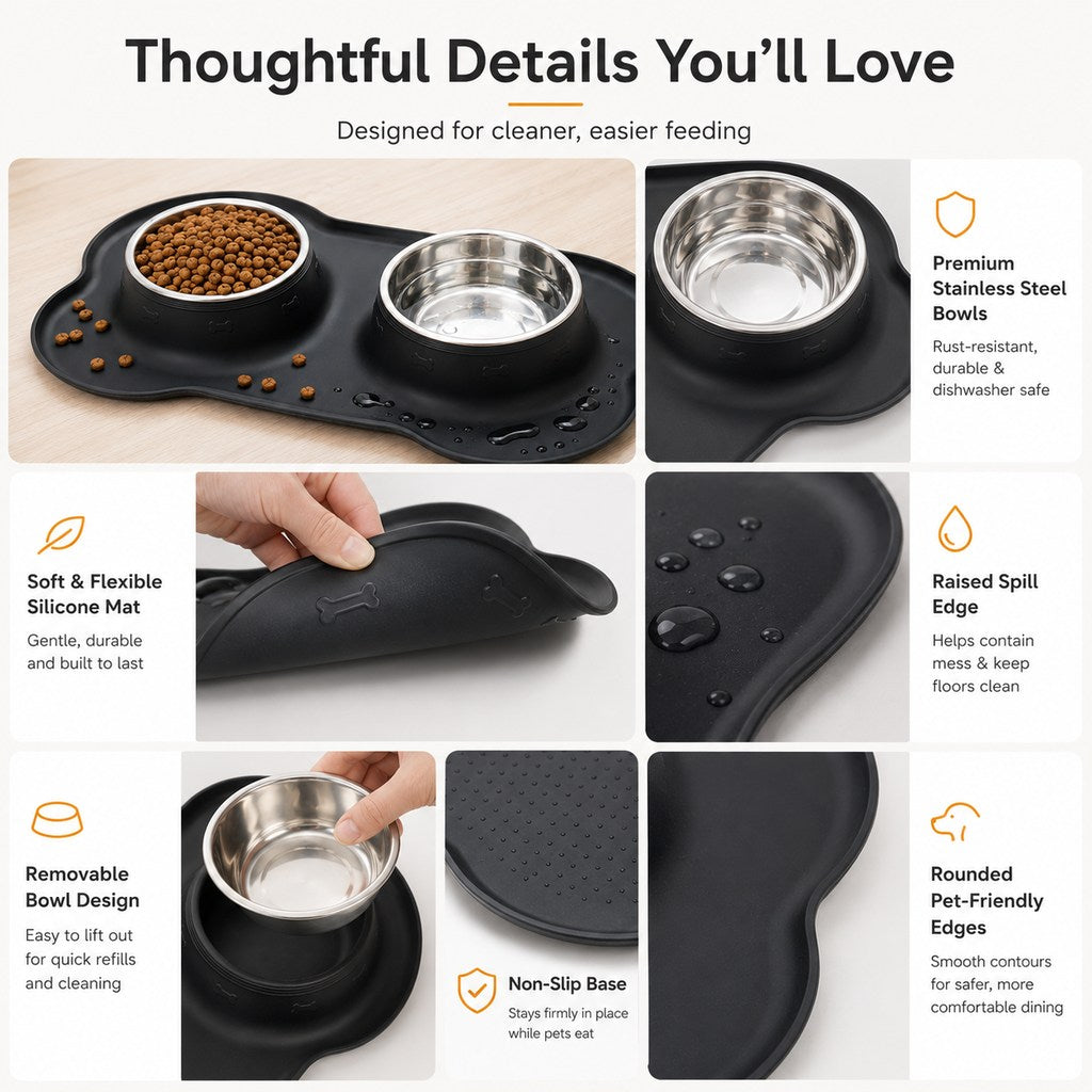 Double écuelle pour animaux en silicone antidérapante et anti-débordement (bols en inox amovibles)