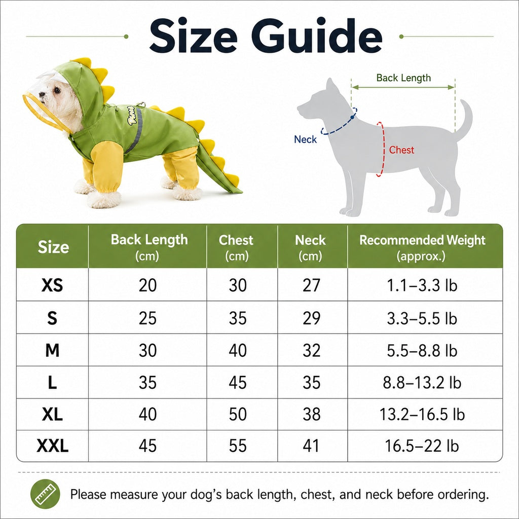 Ortekor Dinosaur Dog Raincoat with Clear Visor Hood – Full-Body Waterproof Pet Suit for Rain, Mud & Outdoor Walks