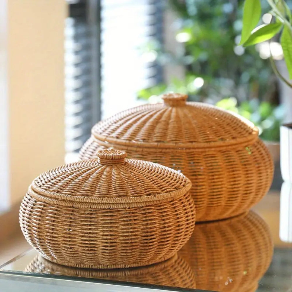 Dome Wicker Storage Basket - Handcrafted Rattan with Secure Lid