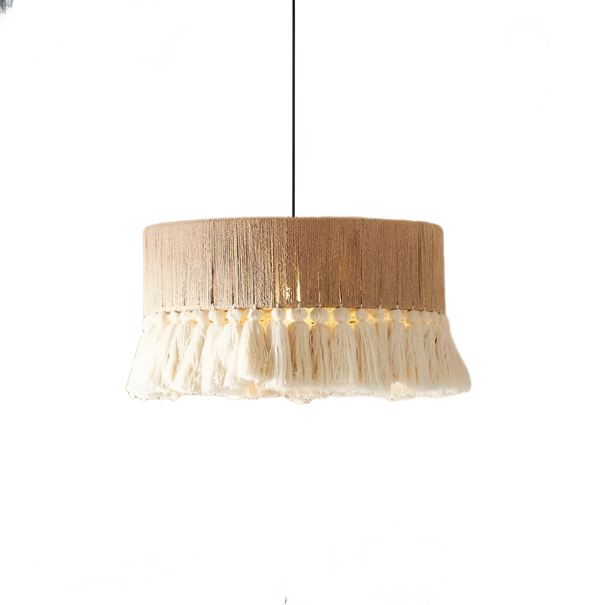 Woven Natural Fiber Ceiling Light Fixture with Tassel Detail for Dining Room, Bedroom & Living Room | Handcrafted Bohemian Style