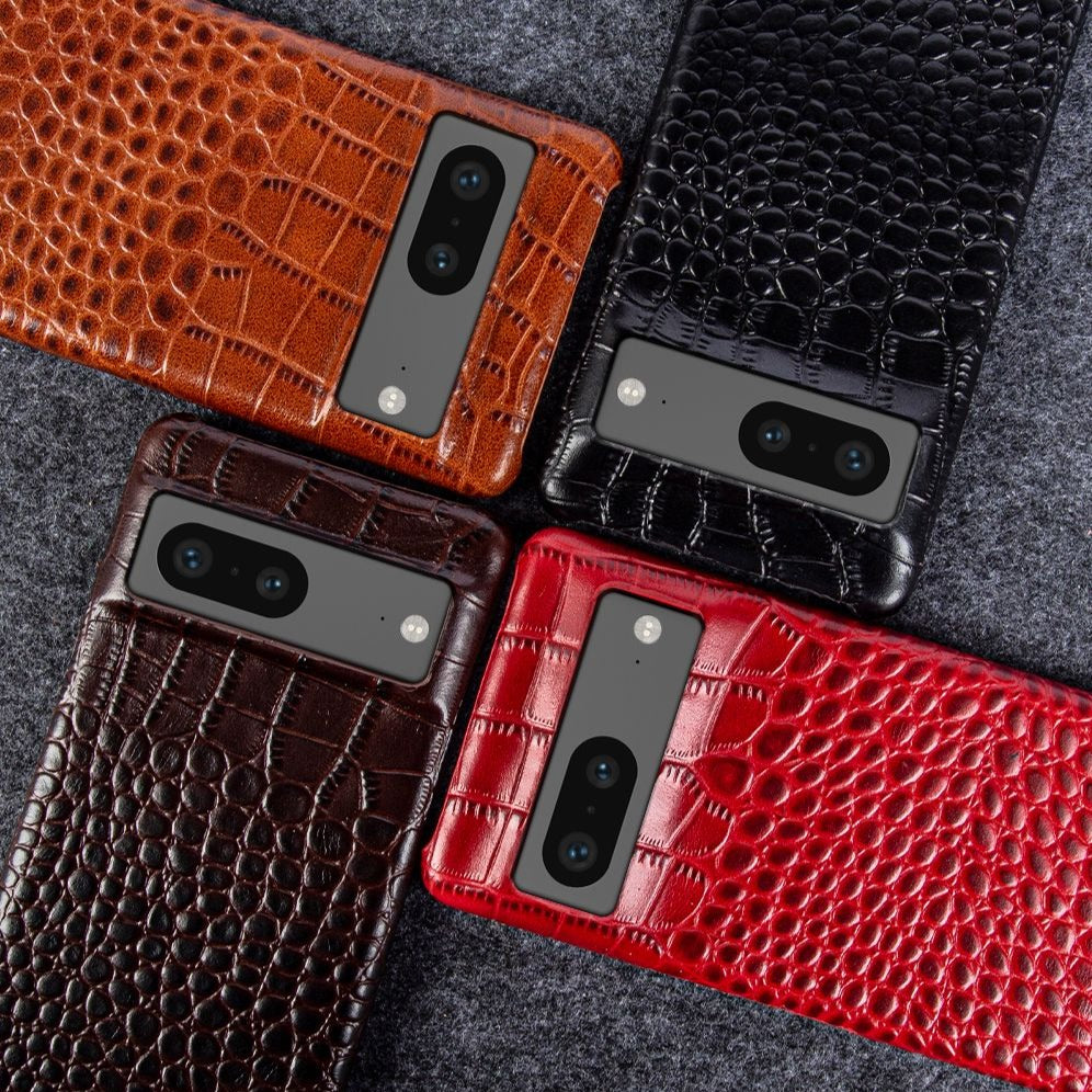 Genuine Leather Phone Case for Google Pixel – Textured Crocodile Grain Design with Raised Edges & Camera Protection
