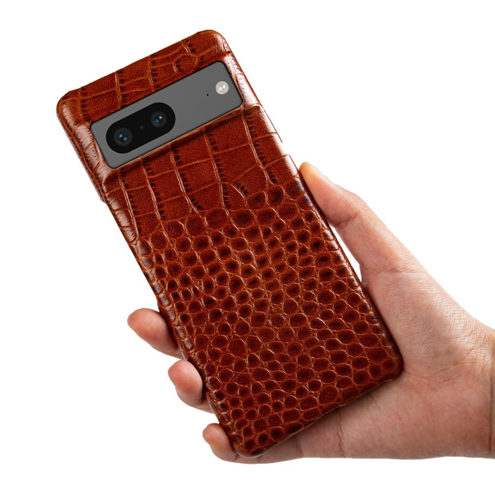 Genuine Leather Phone Case for Google Pixel – Textured Crocodile Grain Design with Raised Edges & Camera Protection