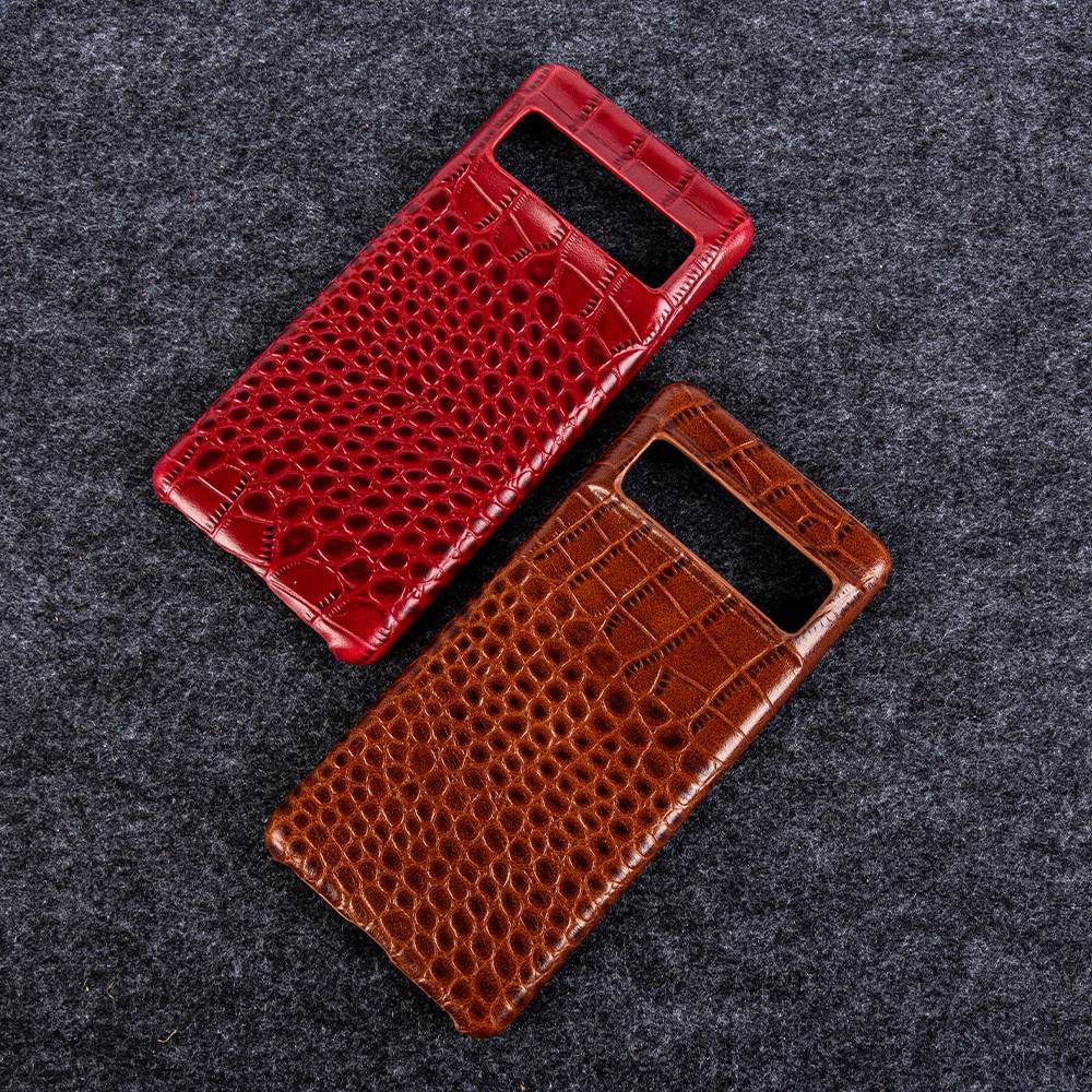 Genuine Leather Phone Case for Google Pixel – Textured Crocodile Grain Design with Raised Edges & Camera Protection