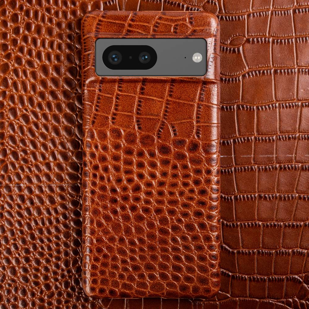 Genuine Leather Phone Case for Google Pixel – Textured Crocodile Grain Design with Raised Edges & Camera Protection
