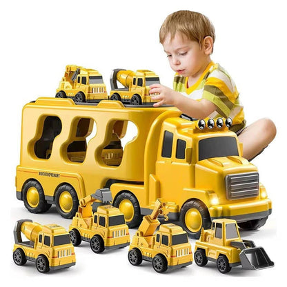 Construction Carrier Truck Playset with 5 Vehicles – Lights & Sounds, Push-and-Go Action, Detachable Cab for Kids