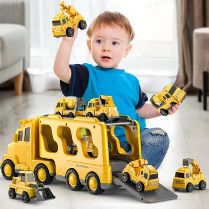 Construction Vehicle Toy Set with Lights and Sounds, Toy Construction Trucks, Carrier Truck Toy with 4 Friction Vehicles