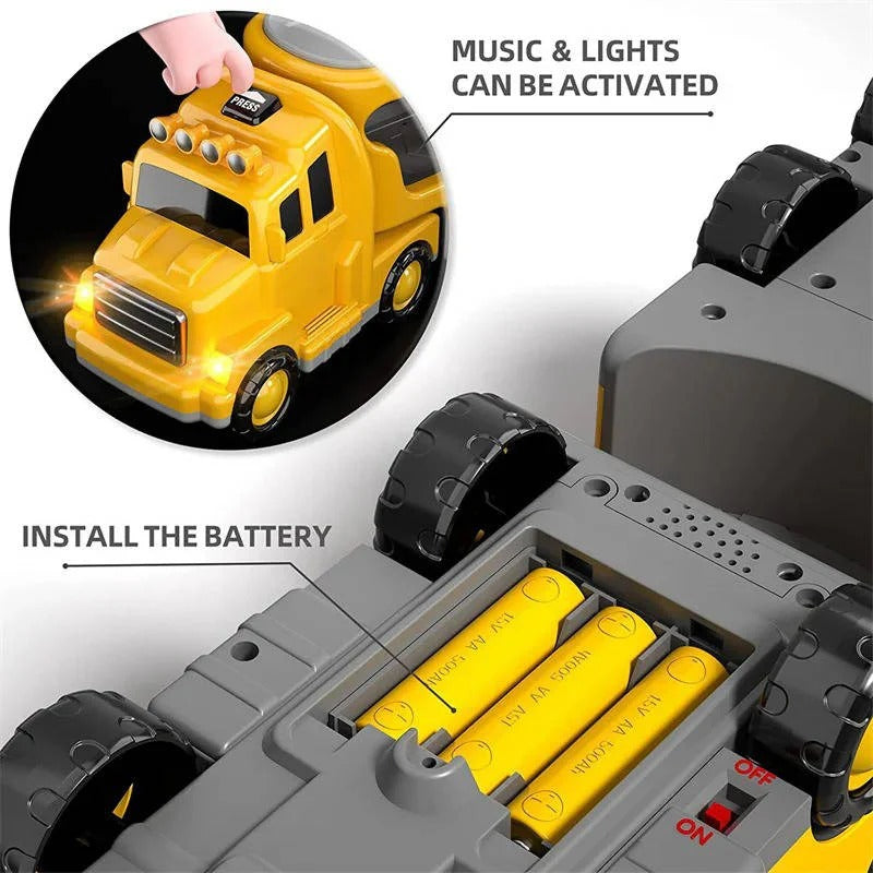 Construction Carrier Truck Playset with 5 Vehicles – Lights & Sounds, Push-and-Go Action, Detachable Cab for Kids