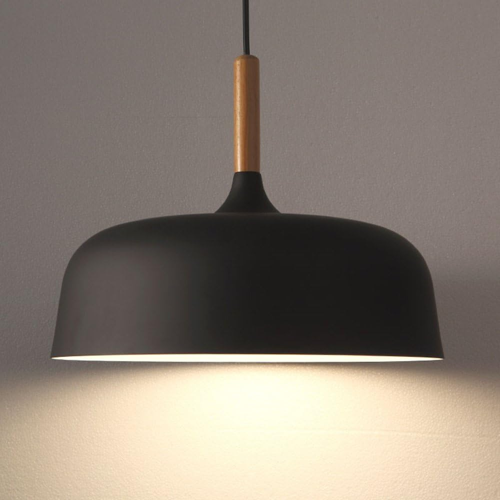 Hanging Ceiling Fixture Metal Wood 12.6 Inch Black Island Dining Kitchen Minimalist Modern Japandi Style Overhead Drop Lamp E27 Socket