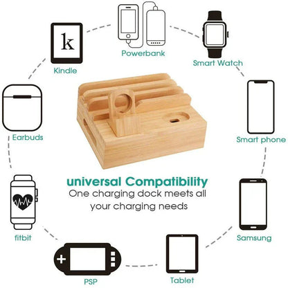 Eco-Friendly Bamboo Charging Station | 5-Port USB Organizer with Smartwatch & Earbuds Holders for Efficient Device Management