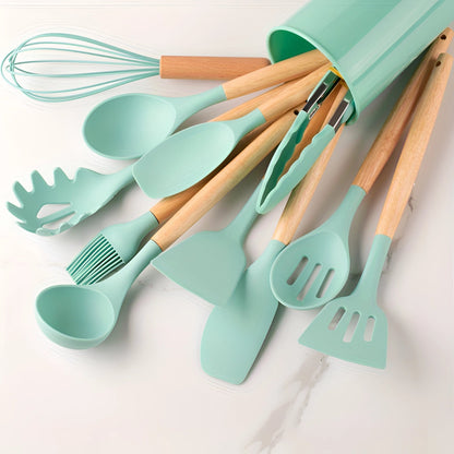 Kitchenware Set of 12, Silicone Kitchen Utensils with Bamboo Handles, Eco Friendly Kitchen Utensils for Cooking