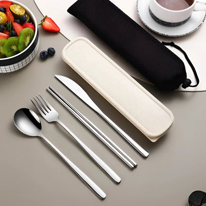 Ensemble de couverts de voyage avec étui, ménagère en acier inoxydable, set de couverts portable avec baguettes pour le déjeuner et le pique-nique
