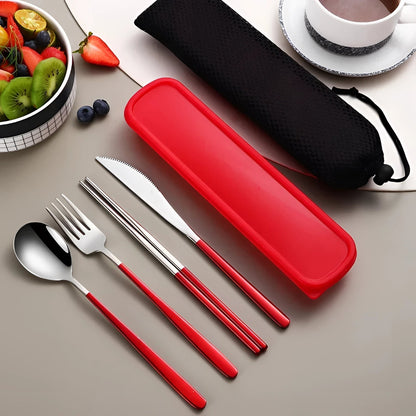 Reusable Flatware Set with Carrying Pouch for Work, Camping & Lunch | 4-Piece Metal Dining Kit