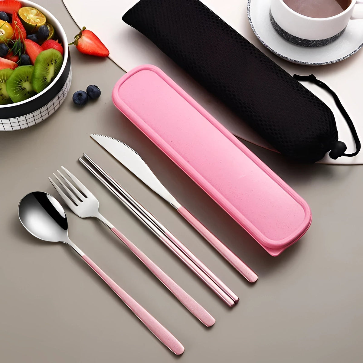 Reusable Flatware Set with Carrying Pouch for Work, Camping & Lunch | 4-Piece Metal Dining Kit