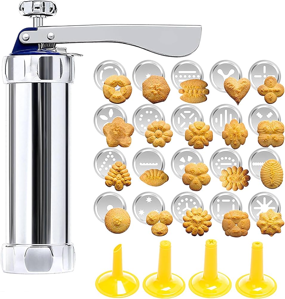 Cookie Press with 20 Shapes and 4 Nozzles Stainless Steel Dough Dispenser for Uniform Homemade Cookies Spritz Maker with Ergonomic Grip for