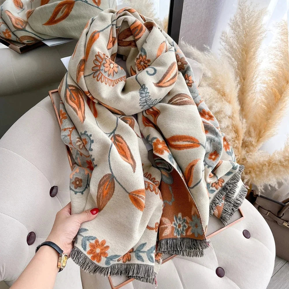 Elara Shawl Scarf - Double-Sided Floral Microfiber, Warm and Stylish
