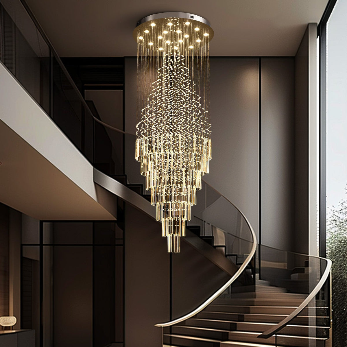 Cascading Crystal Tiered Chandelier for Foyer & Staircase – Adjustable Height Statement Lighting Fixture