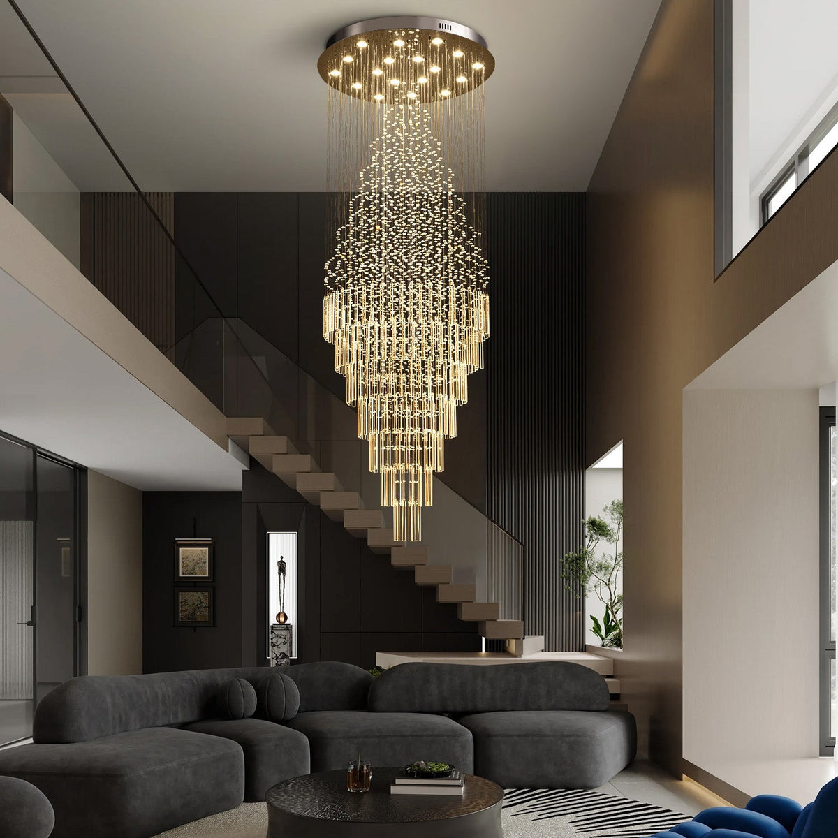 Cascading Crystal Tiered Chandelier for Foyer & Staircase – Adjustable Height Statement Lighting Fixture
