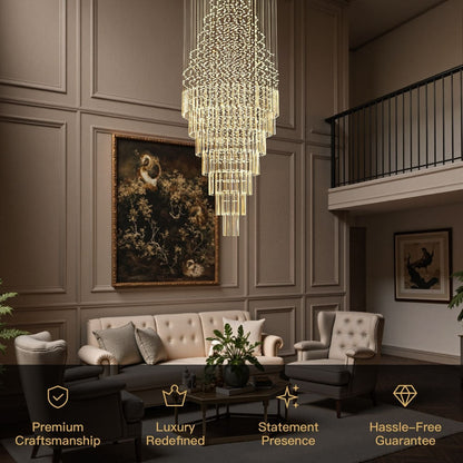 Cascading Crystal Tiered Chandelier for Foyer & Staircase – Adjustable Height Statement Lighting Fixture
