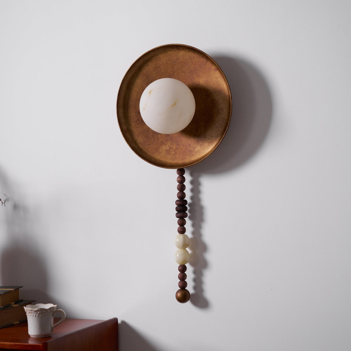Handcrafted Glass Sconce with Bronze Metalwork and Wood Accents for Cozy Bedroom Hallway Living Room Ambient Fixture 10-Inch or 16-Inch Shad