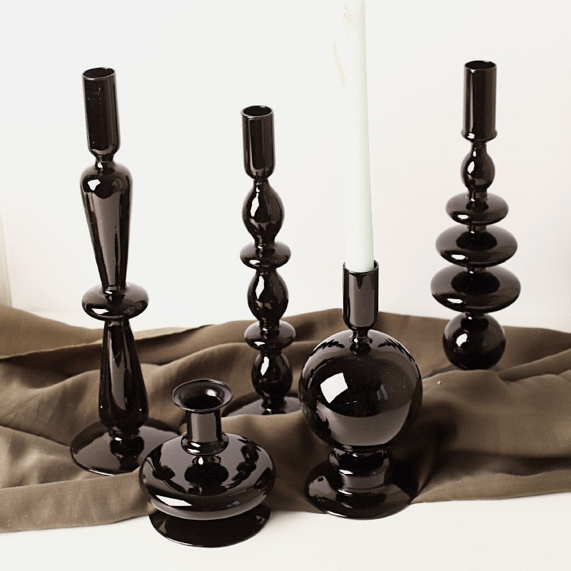 Élégants bougeoirs en verre noir pour bougies chandelles - Décoration d'intérieur sophistiquée et bougeoirs uniques