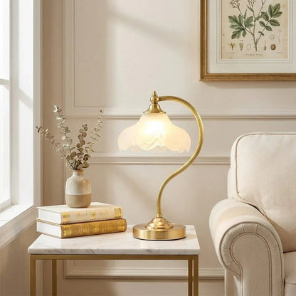 Lampe de table élégante en laiton et verre avec abat-jour floral – Éclairage d'ambiance pour chambre ou salon