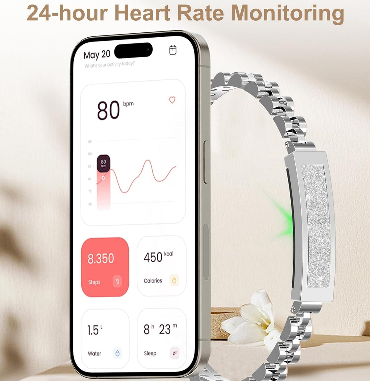Bracelet connecté fitness élégant avec suivi de la fréquence cardiaque et du sommeil | Tracker d'activité stylé pour un meilleur suivi de santé