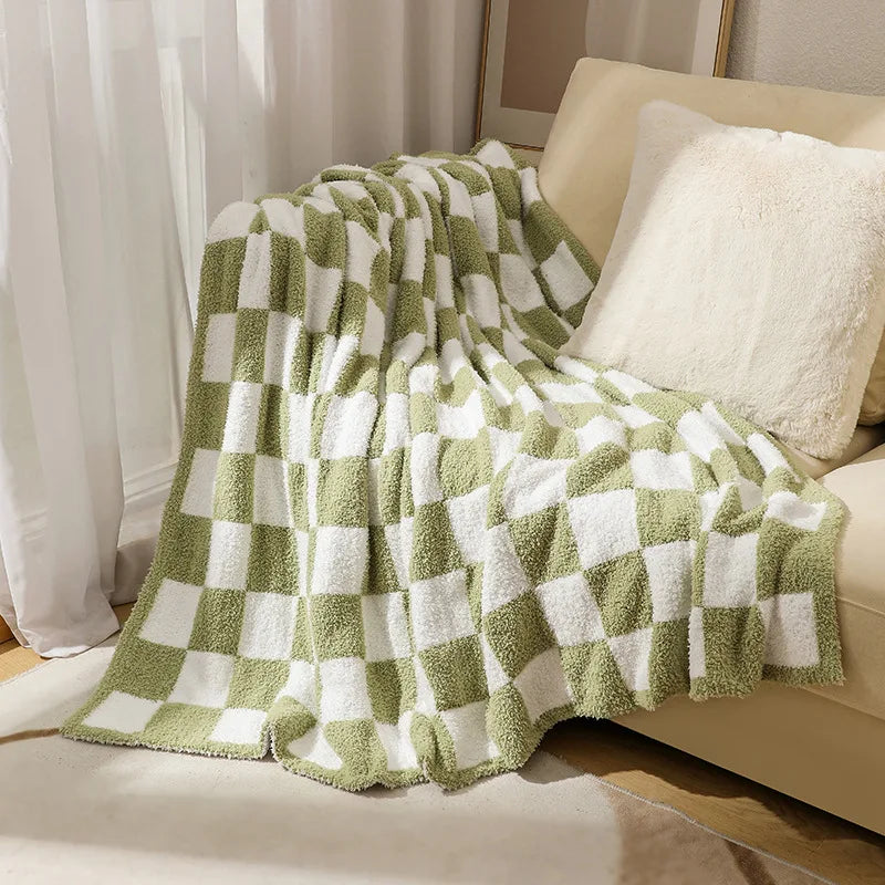 Elegant Home | Nordic Throw Blanket with Plush Velvet Surface | Chic Checkered Design for Cozy Interiors