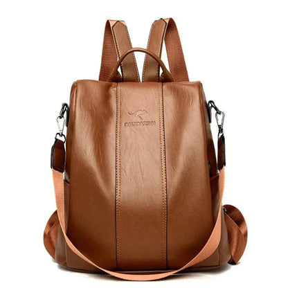 Elegant Leather Backpack with Anti-Theft Design & Unique Kangaroo Engraving | Stylish & Secure for Daily Use