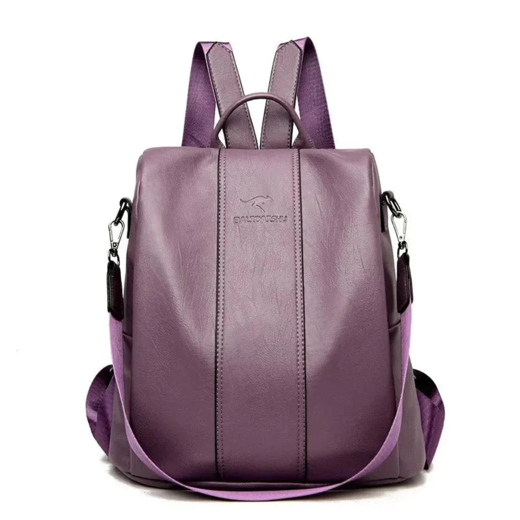Elegant Leather Backpack with Anti-Theft Design & Unique Kangaroo Engraving | Stylish & Secure for Daily Use