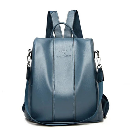 Elegant Leather Backpack with Anti-Theft Design & Unique Kangaroo Engraving | Stylish & Secure for Daily Use