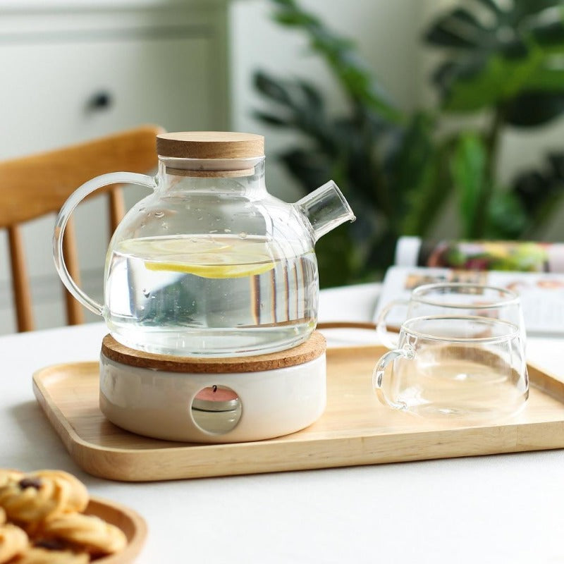 Service à thé élégant de style scandinave avec plateau en chêne et chauffe-théière | Service à thé pour adultes, idéal pour les boissons chaudes et froides
