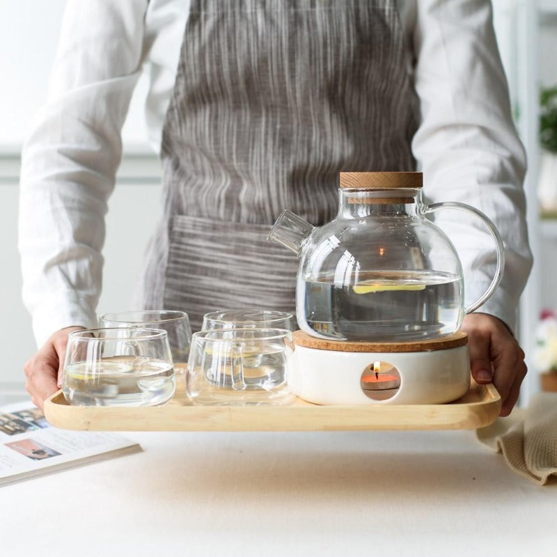 Service à thé élégant de style scandinave avec plateau en chêne et chauffe-théière | Service à thé pour adultes, idéal pour les boissons chaudes et froides