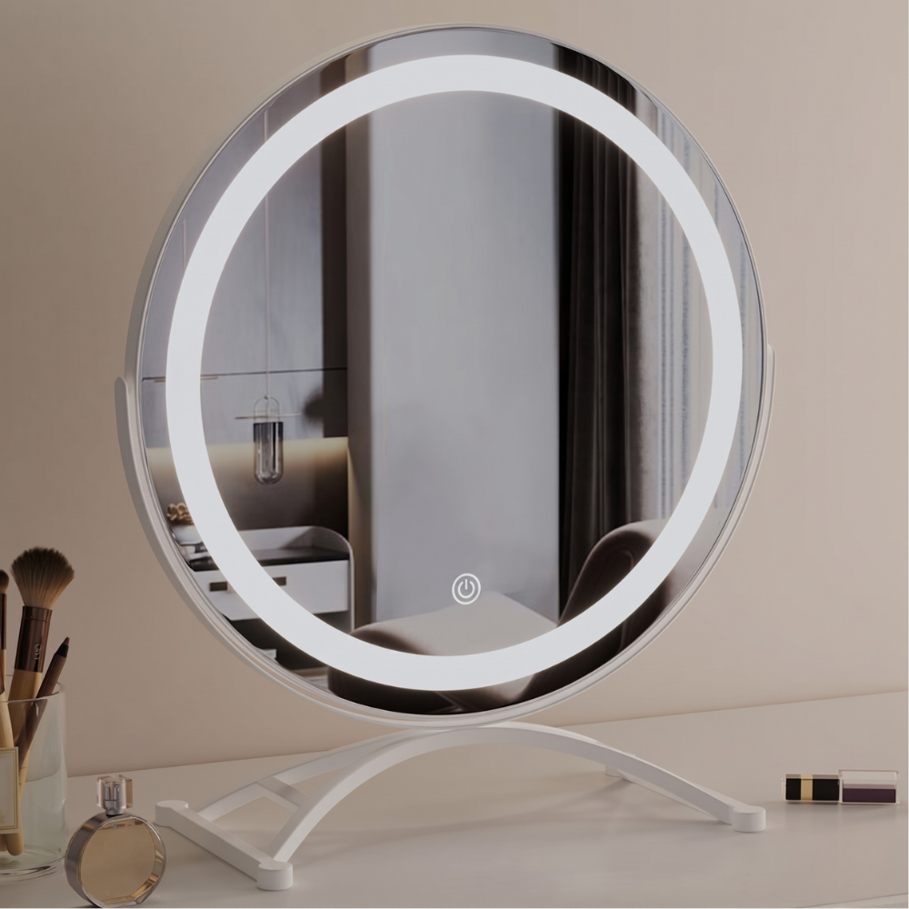 Tabletop Vanity Mirror with LED Ring Light 360° Swivel Touch Control Rechargeable Makeup Mirror for Bedroom Bathroom Dressing Room