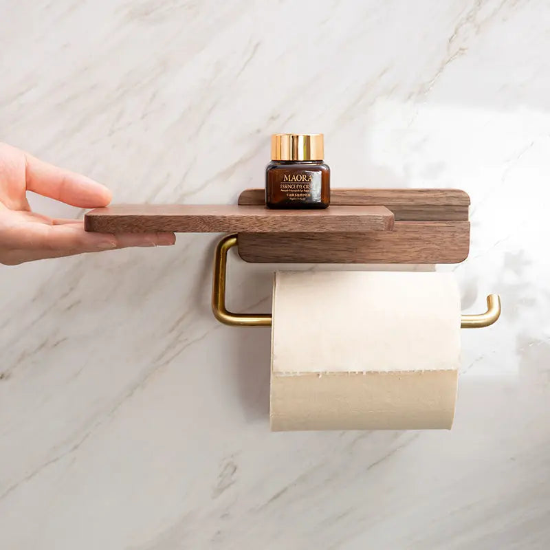 Elegant Walnut Toilet Roll Holder with Brass Shelf | Modern Design for Stylish Storage