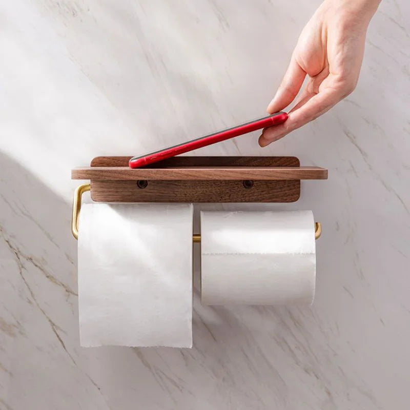 Elegant Walnut Toilet Roll Holder with Brass Shelf | Modern Design for Stylish Storage