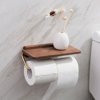 Elegant Walnut Toilet Roll Holder with Brass Shelf | Modern Design for Stylish Storage