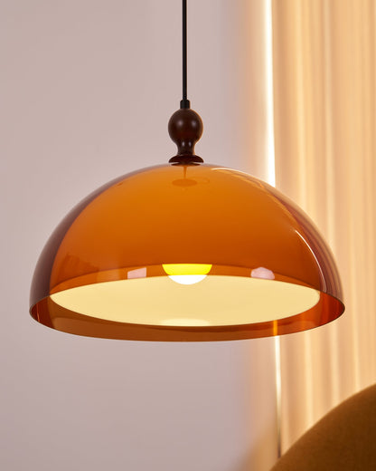 Hanging Ceiling Light Fixture with Walnut Wood Accent and Acrylic Shade 14 Inch Diameter for Kitchen Island Dining Room Table Adjustable Hei